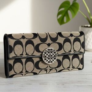 Coach Signature Monogram Canvas Wallet - Classic Brown & Tan